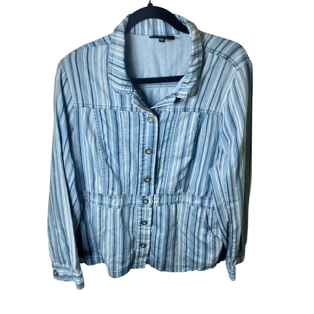 Blue White Striped Button Front Peplum Jacket Cotton‎ Lyocell RN 92309 L